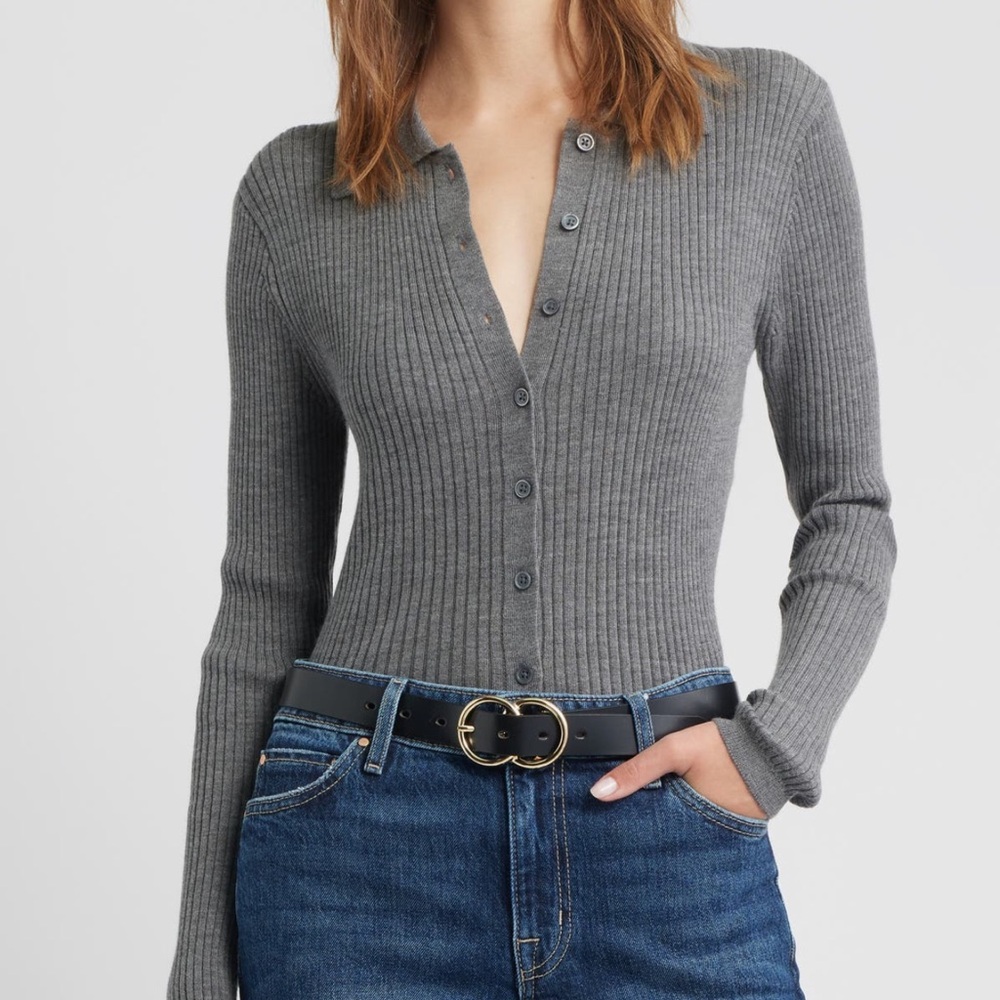 Open Edit Collared Merino Wool Cardigan Grey Charcoal Heather